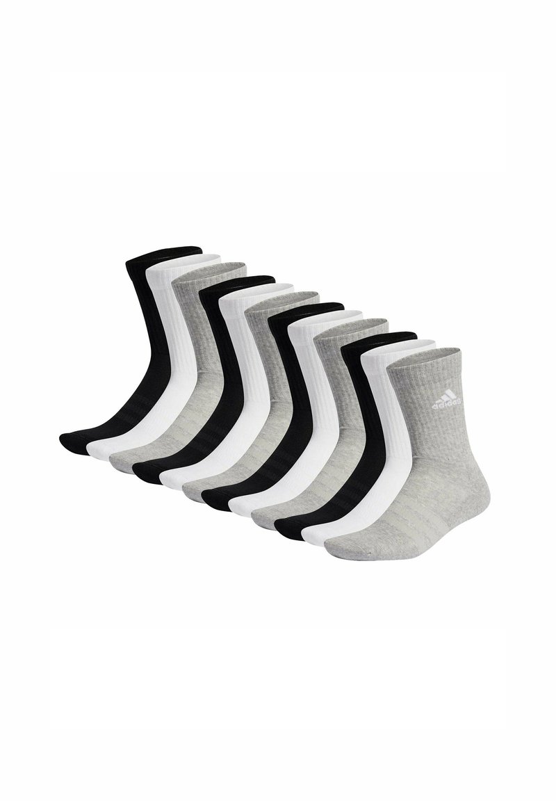 Juego de 10 calcetines en negro, blanco y gris. Presentan una textura acanalada y puños de color contrastante. El material es una mezcla de algodón, con longitud estándar de tobillo.