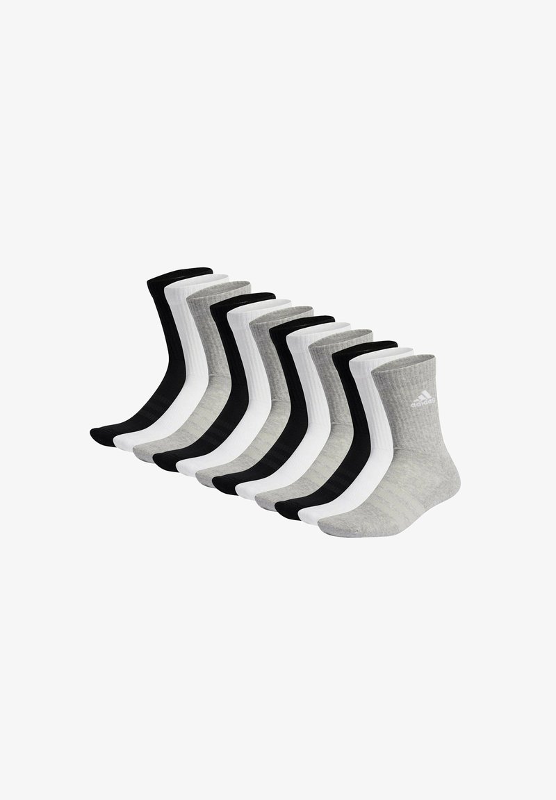 Juego de 10 calcetines en negro, blanco y gris. Presentan una textura acanalada y puños de color contrastante. El material es una mezcla de algodón, con longitud estándar de tobillo.