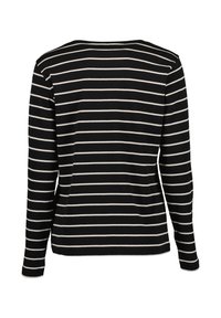 Schwarzes Langarmshirt mit dünnen weißen horizontalen Streifen, runder Halsauschnitt und lockerem Schnitt. Weicher Stoff mit glatter Textur.