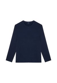 Granatowa koszulka z długim rękawem wykonana z bawełny, z okrągłym dekoltem i luźnym krojem. Gładka faktura bez widocznych wzorów czy akcentów.