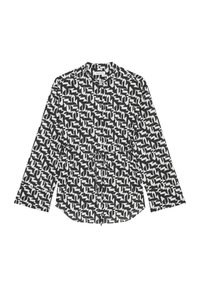 Blusa a maniche lunghe bianco e nero con motivo geometrico, colletto rotondo e dettagli con vita legata. Il tessuto presenta forme geometriche in colori contrastanti.