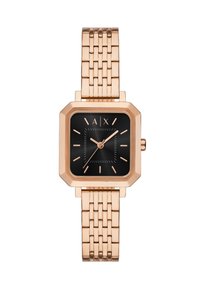 Reloj de metal en oro rosa con una esfera cuadrada negra, marcada por índices y manecillas en oro rosa, y una correa de malla vinculada.