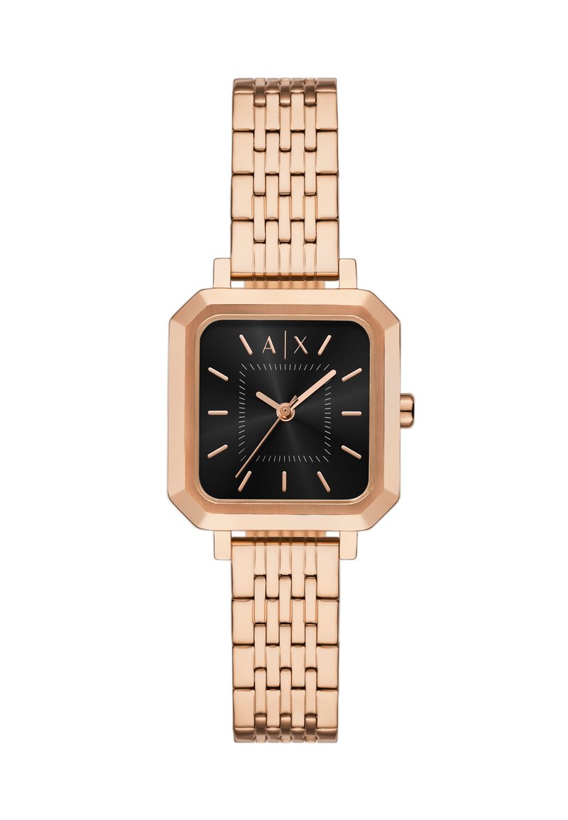 Reloj de metal en oro rosa con una esfera cuadrada negra, marcada por índices y manecillas en oro rosa, y una correa de malla vinculada.