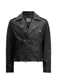 Schwarze Leder-Bikerjacke mit asymmetrischem Reißverschluss, mehreren Reißverschlusstaschen und Druckknopfdetails. Glatte Textur, enganliegendes Design.