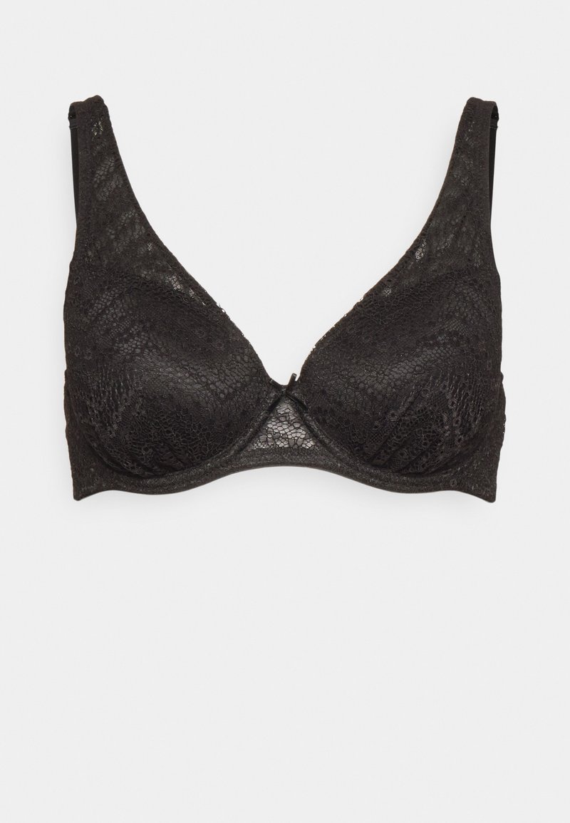 Bralette en dentelle noire avec une forme triangulaire, des bretelles réglables, un motif floral texturé et un accent en nœud au centre.