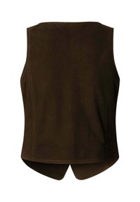 Mørkebrun ærmeløs ruskindsvest med spidset bagkant og synlige lodrette sømlinjer på ryggen.