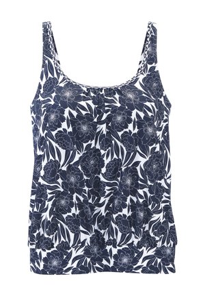 Sleeveless tank top with navy blue floral and leaf patterns on a white background, featuring a scoop neckline and gathered front.