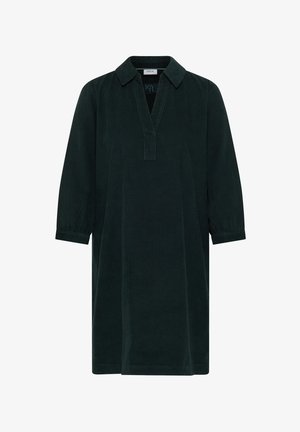 Tmavě zelené kordové šaty do kolen s 3/4 rukávy, límečkem ve tvaru V a elastickými manžetami.