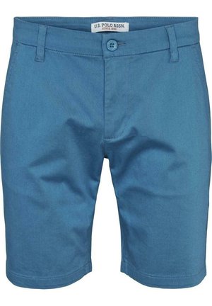 Blaue Herren-Knielange Shorts mit Knopf und Gürtelschlaufen, mit einem U.S. Polo Assn.-Label am Bund.