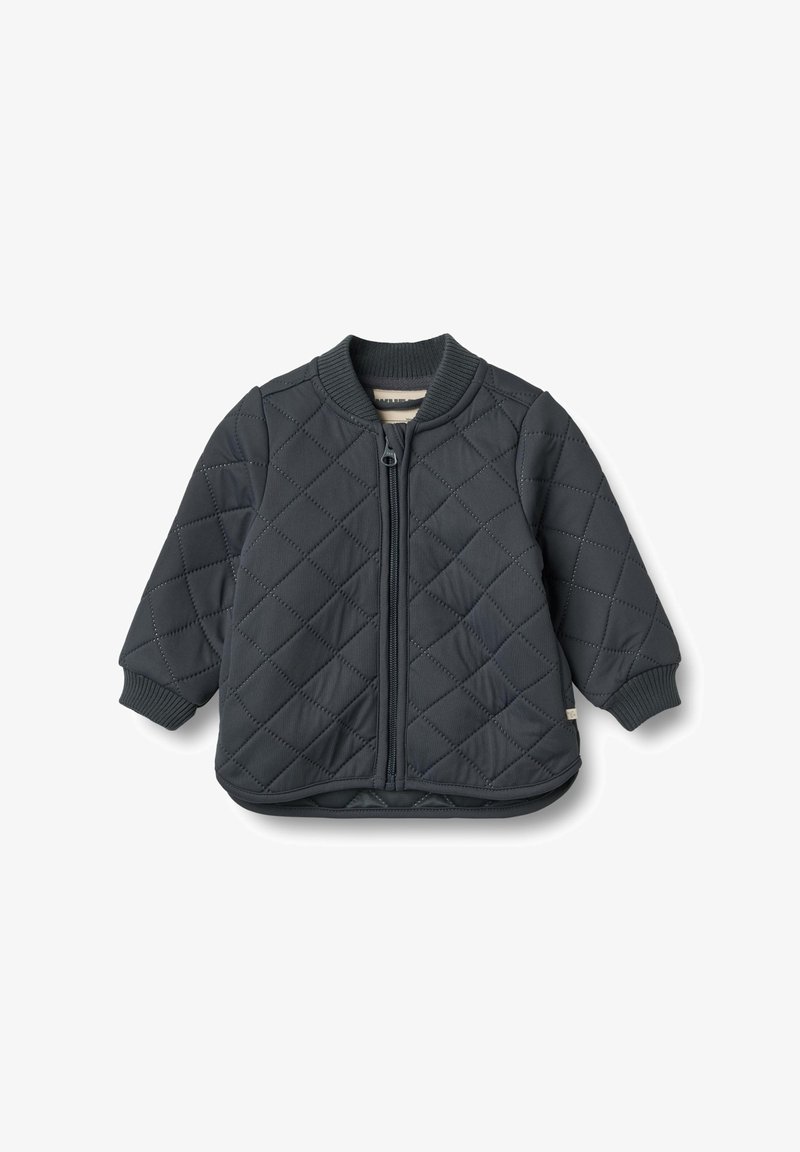 Vatteret mørkegrå jakke med lynlåsfront, ribbet krave og manchetter samt diamantmønster tekstur. Blødt stof med en glat overflade.