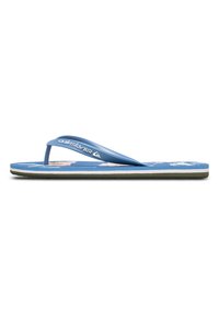 Blå flip-flops med en tekstureret sål, tynde stropper og et hvidt logo. Har blomster mønstre på sålen og en sort ydersål.
