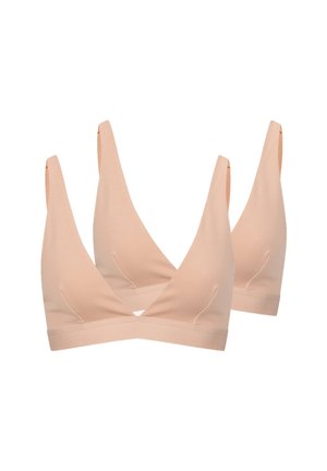 Zwei beige weiche Stoff-Bralette-Tops mit tiefem V-Ausschnitt und breiten Unterbrustbändern, dargestellt vor weißem Hintergrund.