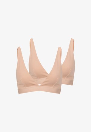 Zwei beige weiche Stoff-Bralette-Tops mit tiefem V-Ausschnitt und breiten Unterbrustbändern, dargestellt vor weißem Hintergrund.