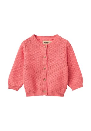 Korálově růžový dětský pletený svetr na knoflíky s dlouhými rukávy, kulatým výstřihem, jemným vzorem s dírkami a pěti knoflíky vpředu.