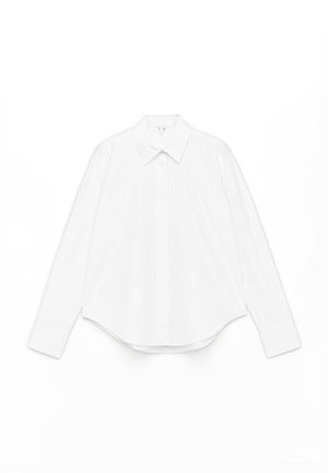 Weißes Langarmhemd aus Baumwolle mit spitzem Kragen, vorderer Knopfleiste und abgerundetem Saum mit weiten Bündchen.