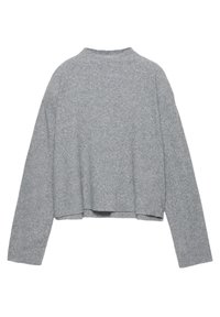 Pulover gri tricotat cu un design scurt, mâneci lungi și guler rotund. Prezintă un material texturat și un croi casual.