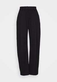 Pantalon noir taille haute à coupe large. Confectionné dans un tissu lisse, avec un bouton frontal et des plis nets. Sans poches.