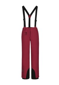 Rote isolierte Skihosen mit schwarzen verstellbaren Trägern, seitlichem Reißverschlussfach und verstärktem schwarzen Stoff an den inneren Unterschenkeln.