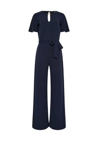 Cat suit blu navy con maniche corte, scollatura a chiave, gambe ampie e una cintura coordinata in vita. Realizzato in un morbido tessuto testurizzato.
