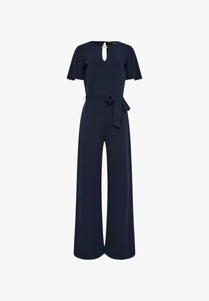 Marineblauwe jumpsuit met korte mouwen, sleutelgatdecolleté, wijd uitlopende pijpen en een bijpassende riem in de taille. Gemaakt van een zachte, gestructureerde stof.