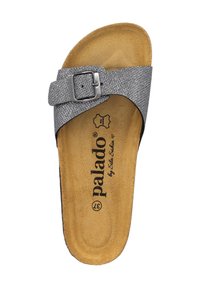 Gray slide sandal with a textured upper material, adjustable buckle, and a cushioned, tan insole featuring the brand name printed inside.