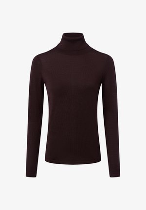 Ciemnofioletowy golf z długimi rękawami, wykonany z gładkiego, elastycznego materiału. Posiada dopasowany krój i subtelną teksturę.