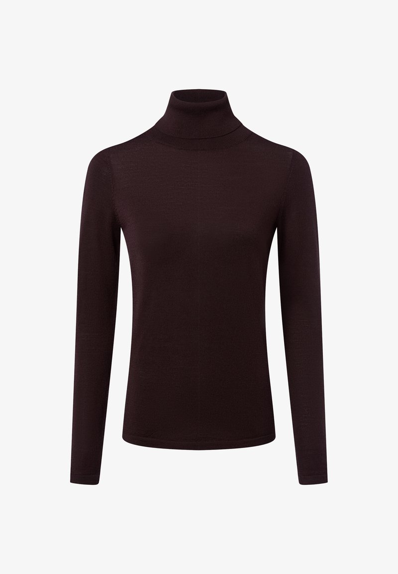 Ciemnofioletowy golf z długimi rękawami, wykonany z gładkiego, elastycznego materiału. Posiada dopasowany krój i subtelną teksturę.