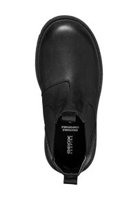 Svart lær slip-on sko med elastiske sidepaneler og avrundet tå. Har intern logo og polstret såle for komfort. Glatt tekstur.