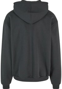 Sweat à capuche gris foncé vu de dos avec manches longues, une capuche, et des poignets et un bas côtelés.
