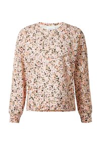 Bloemige sweatshirt met een beige achtergrond en roze en oranje bloemen, geribbelde halslijn en manchetten, en een ontspannen pasvorm.