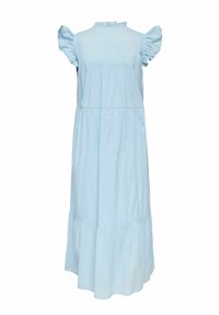 Robe bleu clair, sans manches, longueur cheville, avec des manches courtes volantées, des volants froncés et un petit volant au niveau de l'encolure, vue de dos.