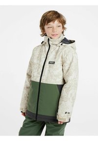 Schneejacke mit einem beigen gemusterten Oberteil, dunklem grünen Unterteil und schwarzen Akzenten; verfügt über eine Kapuze, einen Reißverschluss und elastische Bündchen.