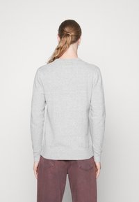 Maglione grigio a maniche lunghe con lavorazione a maglia testurizzata, colletto rotondo e polsini e orlo a costine. Indossato con pantaloni bordeaux, visto da dietro.