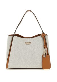 White textured handbag with brown accents, curved shape, single handle, and metal logo detail. Includes a detachable charm.