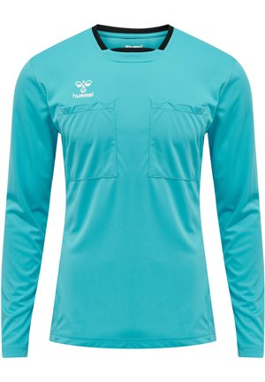 Langärmliges Sportshirt in Türkis, mit einem schwarzen Kragen, zwei Fronttaschen und einem glatten, atmungsaktiven Stoff. Hummel-Logo auf der Brust.