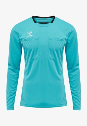 Langærmet sports skjorte i turkis, med en sort krave, to frontlommer og et glat, åndbart stof. Hummel-logo på brystet.