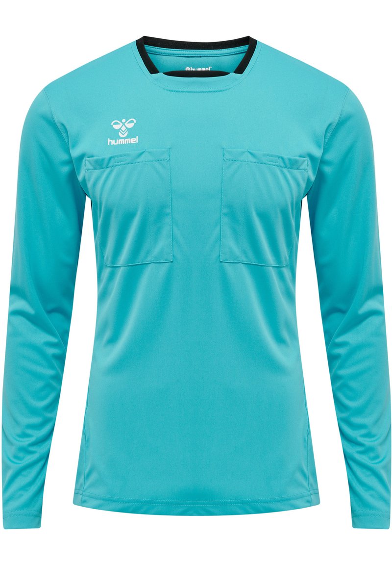 Langærmet sports skjorte i turkis, med en sort krave, to frontlommer og et glat, åndbart stof. Hummel-logo på brystet.