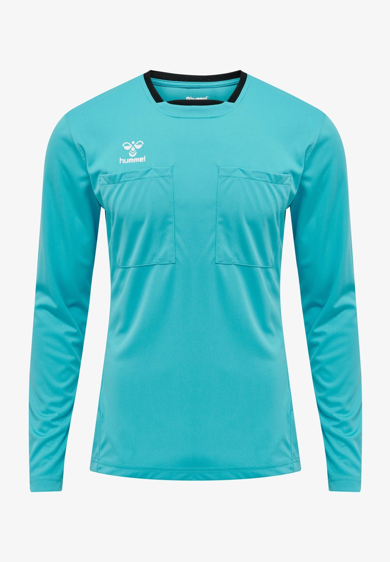 Langærmet sports skjorte i turkis, med en sort krave, to frontlommer og et glat, åndbart stof. Hummel-logo på brystet.