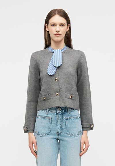 Γυναίκα που φοράει γκρι πλεκτή ζακέτα με χρυσά κουμπιά, μπλε γραμμωτό γραβάτα και ανοιχτό μπλε τζιν ψηλόμεσο, στέκεται μπροστά σε ένα απλό φόντο.