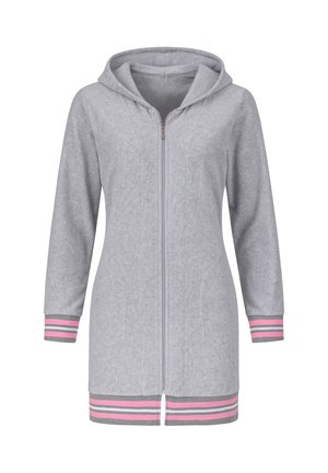 Felpa grigia con zip e cappuccio, caratterizzata da polsini e orlo a righe rosa e grigie, tessuto morbido e design moderno con tasche laterali.