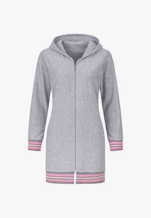 Gray zip-up hoodie with a hood, featuring pink and gray striped cuffs and hem, soft texture, and a modern design with side pockets.