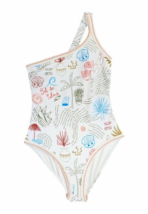 Costum de baie alb cu un singur umăr, cu imprimeuri tropicale multicolore, scoici, plante și text scris de mână, împodobit cu cusături portocalii.