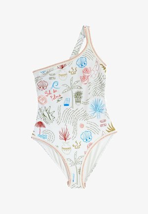 Vieno peties baltas maudymosi kostiumėlis su spalvingais tropikų raštais, kriauklėmis, augalais ir ranka rašytu tekstu, apvadais su oranžine siūle.