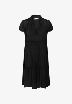 Zwart jurkje met een rimpelboord, korte mouwen en een gelaagd rokdesign. Gemaakt van een lichtgewicht stof. Eenvoudige en elegante uitstraling.