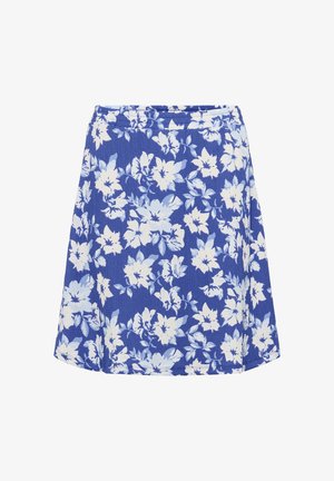 Jupe à motif floral en tissu texturé, avec un fond bleu orné de fleurs blanches et bleu clair, et un design évasé.