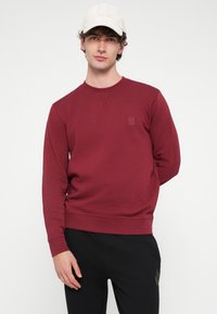 Hnedá mikina s okrúhlym výstrihom a rebrovanými manžetami, s malou nášivkou s logom na hrudi. Modelka má k nej čierne nohavice.