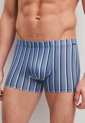 Mannelijke torso die blauwe en witte verticale gestreepte boxershort draagt met een nauwsluitende pasvorm tegen een effen achtergrond.