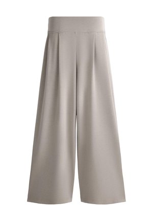 Beige Hosen mit weitem Bein und hoher Taille, vorne mit Falten und einem glatten Bund, vor weißem Hintergrund gezeigt.