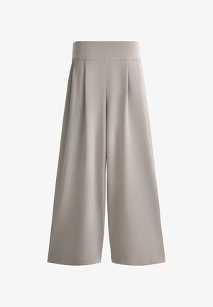 Pantaloni beige a gamba larga e vita alta con pieghe anteriori e una cintura liscia, mostrati su uno sfondo bianco.