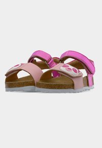 Ροζ παιδικά σανδάλια με ρυθμιζόμενους ιμάντες και διακόσμηση προσώπου πάντα στο μπροστινό μέρος, φελλό σόλα και λευκή ελαστική εξωτερική σόλα.